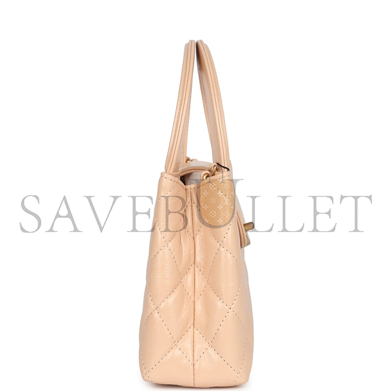 Ch*el master kelly shopper beige shiny calfskin brushed gold hardware as4416 (19*13*7cm)